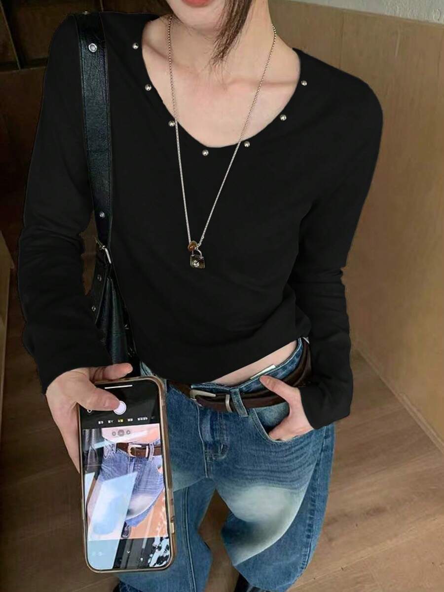 铆钉设计叠穿女式打底衫,长袖T恤,时尚韩版独特休闲上衣,适合秋冬季黑色春季穿着 - 黑色 - 查看 1