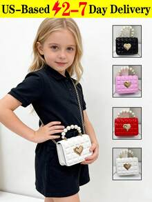 Children's New Pearl Handheld Bag, Cute Pearl&Heart Decor Metal Chain Strap PU Shoulder Crossbody Bag, Flap Closure, Casual Fashion Pearl Handbag,Festival Gift PU Leather Fashion Mini Princess Handbag For Little Girls, , Elegant Little Girl's Clutch For Parties, Dress-Up & Play,Coin Purse, Mini Shoulder Bag, Fashionable Mini Sling Bag To Match Outfits And Accessories[US Local Warehouse]The Best Gift Choice, Birthday Gift - 彩色 - 查看 2