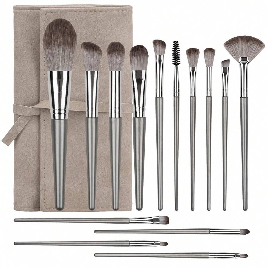 Euuztu 14 Pcs Professional Makeup Brush Set, Eye And Face Foundation Brush Set, Eyeshadow Brushes, Cosmetic Brushes, With PU Bag, Champagne - 1 - 查看 1