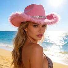 Western Style Cowgirl Cap Stylish Feather Tassel Brim Decorated Wide Brimmed Hat For Men Women Cosplay Party - Hồng - Xem 5