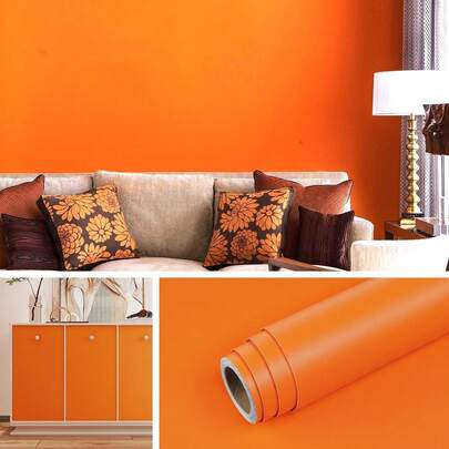 1 Roll Orange Matte Solid Color Vinyl Self-Adhesive Wallpaper, Removable, Waterproof, Suitable For Living Room, Bedroom, Home Renovation, Covering Thin Film, Desk, Cabinet, Decorative Wall Paper, 15.7inX39.3/118.1/196.8in