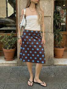 巧克力棕色蓝色波点中长裙 | 低腰A字裙，适合街头和日常穿着 - 棕色 - 查看 3