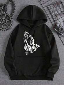 Oversized Hoodies With Praying Hands And Rosary Cross Graphic For Men, Winter Clothes For Boys, Loose Fit, Long Sleeve, Sweatshirt With Pocket, Black And White Options, Winter Fashion, Sweatshirts, Suitable For Parties, Outdoor Leisure Activities, Gift For Men, Perfect Holiday Gift, Size S-3XL - 黑色 - 查看 2