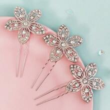 3pcs Elegant Floral Hair Clips, Alloy Rhinestone Exaggerated Hair Accessories For Wedding Bride Hairstyle - Three-pack - View 3