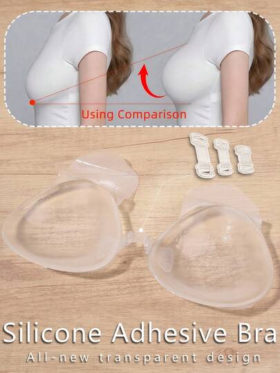 1 Pair Silicone Invisible Strapless Bra | Self-Adhesive Backless Push-Up Cups With Three Adjustable Extension Clips, Medium-Stretch Fabric, Solid Color, Clasp Detail