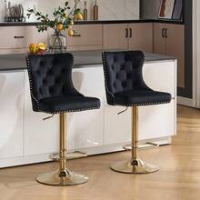 Velvet Bar Stools Set Of 2, Height Adjustable Breakfast Bar Stool, Counter Modern High Chair With Lion Knocker, Suitable For Bars Kitchens And Breakfast Counters, Gold Black - Black - View 2