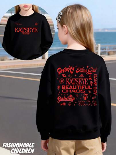 Katseye Band Design, Girls' Autumn And Winter Crewneck Hoodie, Fleece-Lined Long-Sleeve Sportswear, Casual Outdoor Sports Style. It Is Comfortable, Soft, Breathable, And Skin-Friendly, Fashionable And Versatile, And Is A Crewneck Hoodie That Children Can Wear Alone.
