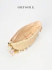 贝壳、星星、贝壳草编包，女士新款个性珍珠手工编织手提包，派对、宴会、旅行、沙滩单肩包，带链条 - 米色 - 查看 6