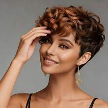 Women's Brazilian Remy Human Hair Pixie Cut Wig - Glueless Natural Look With Blonde Highlights, 180% Density Curly Wave, Soft Breathable Rose Net Cap, Full Machine Made Wig For Everyday, Parties & Special Events - S4/30 - View 2