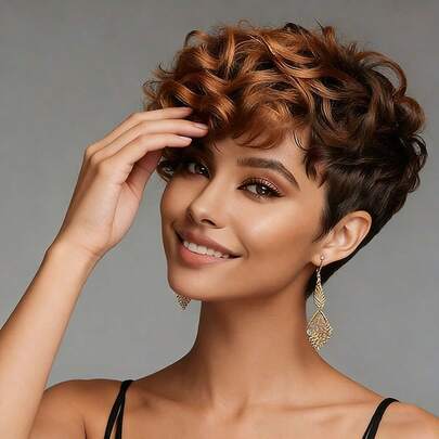 Women's Brazilian Remy Human Hair Pixie Cut Wig - Glueless Natural Look With Blonde Highlights, 180% Density Curly Wave, Soft Breathable Rose Net Cap, Full Machine Made Wig For Everyday, Parties & Special Events