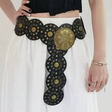 Vintage Metal Punk Waist Belt For Women, Retro American Western Style Colorblock Round Rivet Waist Strap Accessory For Dress, Polka Dot Bohemian PU Leather - bánh tròn - Xem 4