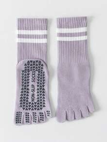 1/5双装 女士随机颜色条纹防滑舒适柔软瑜伽普拉提跑步健身运动五趾袜 - 彩色 - 查看 18