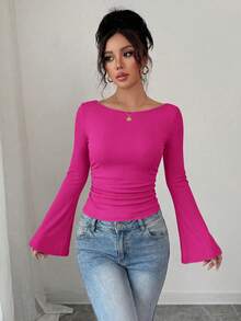 Women's Spring Fall Long Sleeve Shirts Crop Going Out Tops Casual Boat Neck Bell Sleeve Ribbed Ruched Y2K Clothes - Hot Pink - View 4
