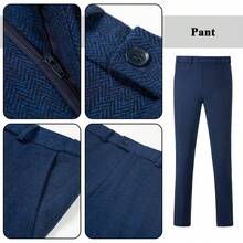 Boys 3 PiecesHerringbone Twill Suit Blazer Waistcoat Dress Pants For Wedding Birthday School Stage Formal Occasions Navy Blue Size 6-16Y - Navy Blue - View 9