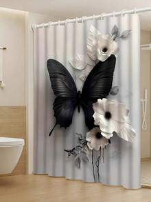 1/4pcs Polyester Shower Curtain - Black & White Floral And Butterfly Design, With Roses, Lilies, Sunflowers | Machine Washable | Elegant Bathroom Decor, Shower Privacy | Fashionable Design | Polyester Fiber, Shower Curtain Set - A - View 9