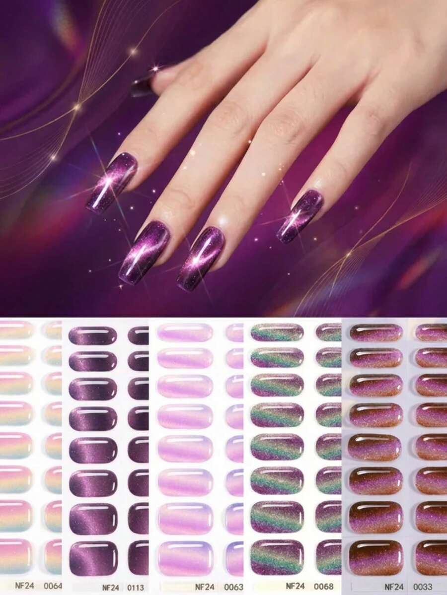 彩色渐变星云/星空半固化凝胶美甲贴纸，每包16片。多色渐变珠光装饰，充满梦幻精致感。自粘式全覆盖美甲产品，需配合UV灯使用。易于粘贴和卸除，适合女性和女孩日常通勤、派对、约会和DIY美甲。美甲用品
