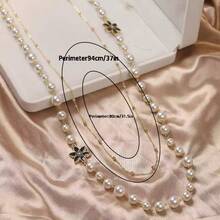 1件装时尚女士珍珠花朵项链，优雅多层毛衣链，百搭，适合外套、休闲和派对场合 - 6瓣花長項鍊 - 查看 4