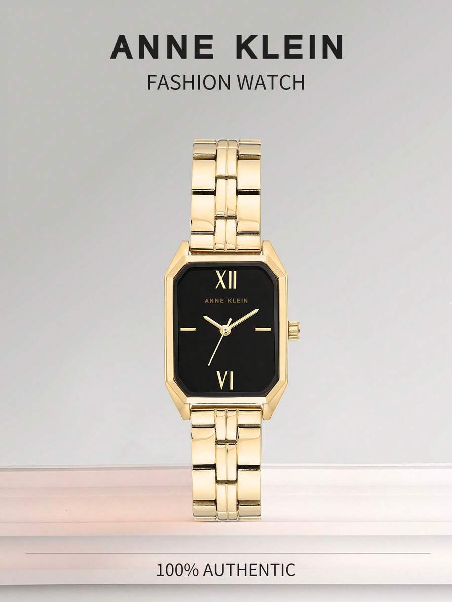 Anne Klein 女士方形小表盘腕表，时尚钢带休闲石英腕表，简约方形女士腕表，旅行礼物 - 金色 - 查看 1