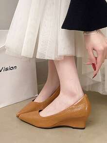 Women's Fashion Wedge Pumps Pointed Toe Slip-On Shoes, 2026 Spring/Summer New Arrival, Wedge Heel, Versatile, Elegant High Heels For Commuting - Khaki - View 5