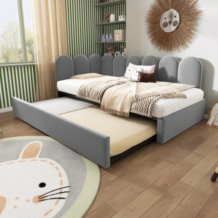 Upholstered Daybed 90 X 200 Cm, Sofa Bed/Children's Bed With Pull-Out Bed 90 X 190 Cm And Slatted Base, Grey Velvet, Without Mattress - Grey - View 1
