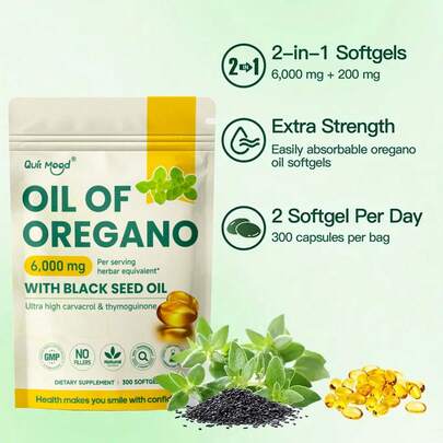 Quit mood Aceite de Orégano 2 en 1 + Semilla Negra 6000mg | 300 Cápsulas Extra Fuerte Alto en Carvacrol | Refuerzo Inmunológico Salud Natural | Cápsulas Blandas Fáciles de Absorber