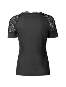 Summer Women Slim Fit V Neck Button Top Sexy Hollow Lace Short Sleeve T-Shirt Fashion Solid Pullover Office Ladies Tee Shirt Streetwear Party - màu đen - Xem 3