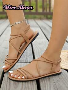 新款女士圆头系带一脚蹬平底凉鞋，系带平底凉鞋时尚简约极简风格舒适，适合旅行，海滩，白色，棕色，黑色，豹纹，花卉 - 卡其色 - 查看 4