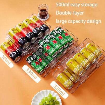 1pc Transparent Double-Layer Foldable Beverage Rack, Cans/Drink Organizer Box, Refrigerator Storage Box, Suitable For Kitchen, Living Room, Pantry