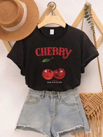 Tween Girls' Casual Letter & Cherry Print Round Neck Short Sleeve T-Shirt, Summer