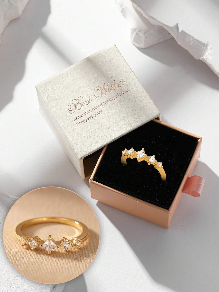 Gift Box Elegant Shiny Cubic Zirconia Ring, Refined Jewelry For Women's Wedding, Party, Banquet, Made Of Copper Material, Non-Fading And Hypoallergenic, Ideal Gift Choice - Gold - View 1