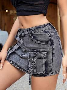 Black Denim Mini Skirt For Women In A Vintage Style, Made From 100%, Featuring A Non-Stretch Fabric, Solid Color, Summer Design, Pattern, And Pockets - 黑色 - 查看 3