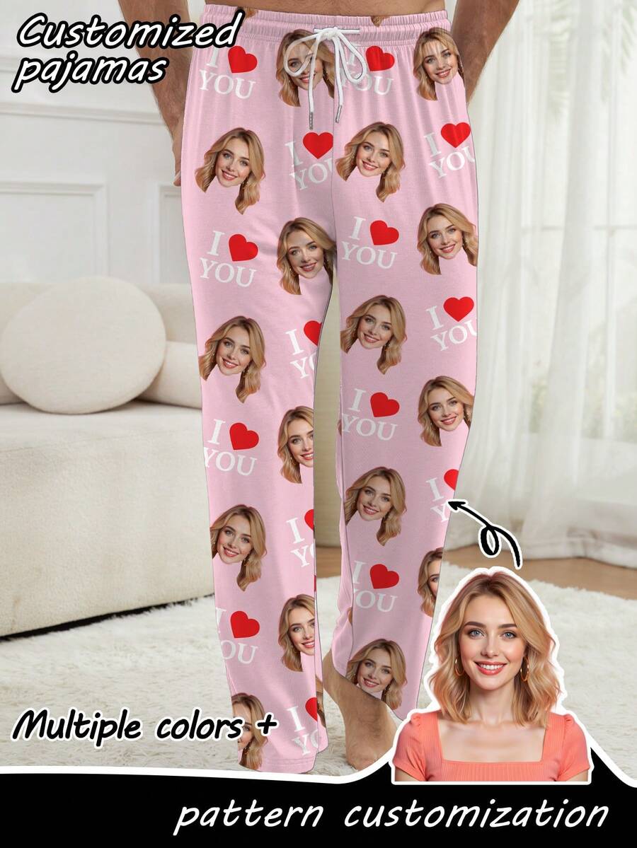 Customized Portrait Men's Pajama Pants, Heart Print Casual Lounge Pants - Pink - View 1