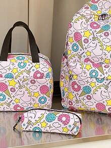 3 Peças Conjunto de Mochila Fashionable Preppy Sorvete/Unicórnio, Mochila e Bolsa Térmica e Estojo de Lápis, com Compartimento para Laptop, Alça Ajustável e Vários Bolsos, Conjunto de Mochila Escolar Multifuncional de Alta Capacidade, Ideia para Meninas/Estudantes Universitários/Graduados para Uso Diário/Férias/Viagem/Volta às Aulas - Rosa chiclete - Visão 11