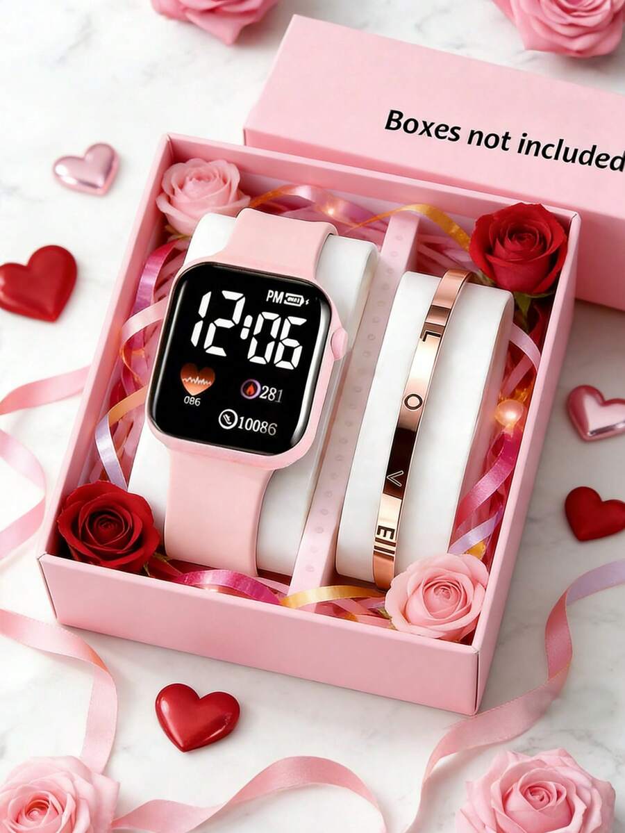 2/1件装优雅可爱时尚女士方形数字粉色电子表，配LOVE手链，适合派对、外出、旅行时查看时间，也是情人节、返校季、复活节、感恩节和各种节日的理想礼物。 - 彩色 - 查看 1