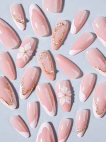 24pcs Almond Shaped 3D Gel Nail Stickers, Floral Nail Art Design, French Tip Style, Medium Size Metal Cross Decor, Pearl Accent, Perfect For Acrylic Nail Tips, Includes: 1pc Jelly Gel And 1pc Nail File. Almond Shaped French Nail Stickers, Suitable For Women's Daily Work, Festivals And Parties. - 多色 6 - 查看 5