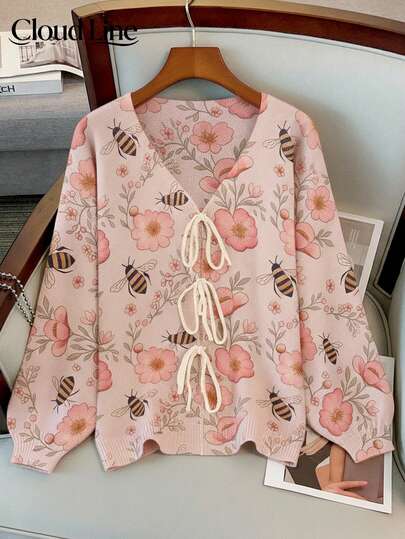 Áo khoác cardigan mỏng nhẹ dành cho nữ, họa tiết ong, cổ chữ V có dây rút, tay dài dáng rộng, phong cách thường ngày và nghỉ dưỡng.