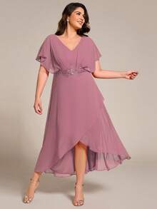 Plus Size Elegant Embroidered Applique Cocktail Dress, Formal Party Dress, Mother Of The Bride Dress Wedding - Dusty Pink - View 3