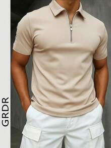 GRDR Men's Summer Polo Collar Half Zip Short Sleeve T-Shirt, Suitable For Outdoor, Vacation And Casual Wear - Apricot - View 3