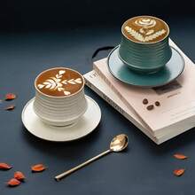 Retro Minimalist Casual Ceramic Mug, Green Striped Textured Coffee Cup, Tea Cup, Handmade Pottery Ceramic Coffee Mug, Water Cup For Home Use - Multicolor - View 2