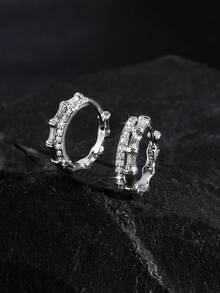 1 Pair Bamboo Knot Hoop Earrings, Layered Rhinestone Circular Earrings, Fashionable And Versatile, Suitable For Party And Daily Wear, - Multicolor - View 4