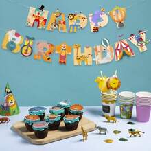 生日快乐马戏团狮子、大象、老虎旗帜横幅，小丑主题生日派对装饰旗帜 - 彩色 - 查看 1