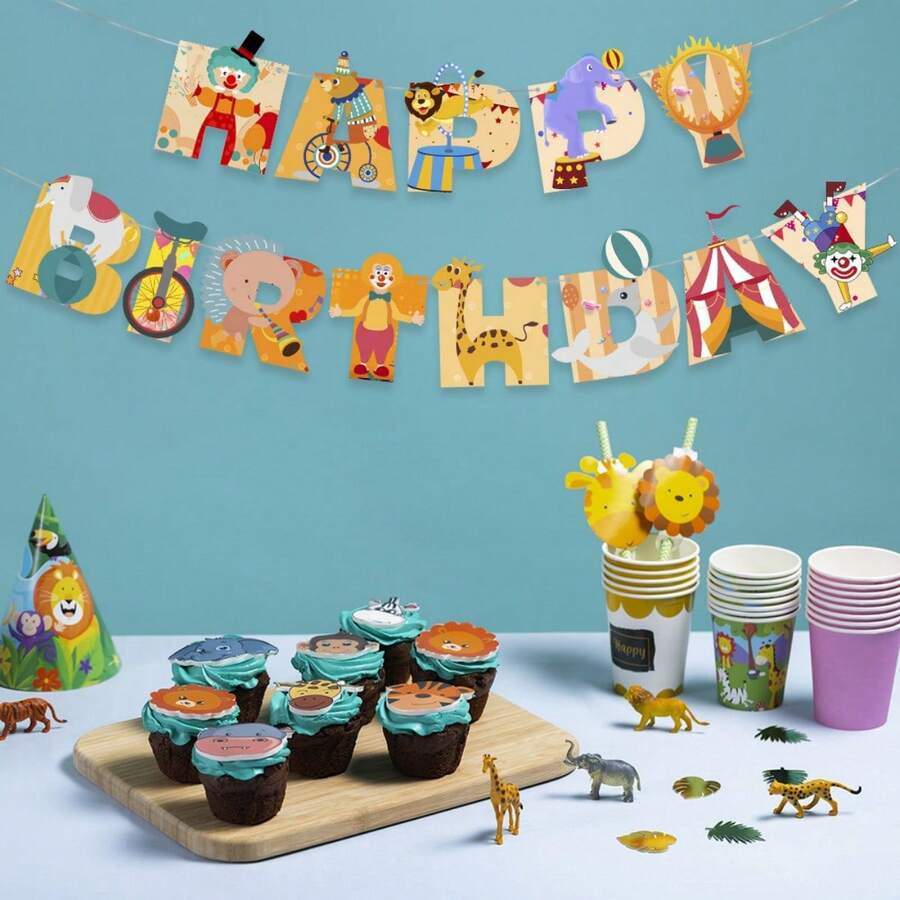 生日快乐马戏团狮子、大象、老虎旗帜横幅，小丑主题生日派对装饰旗帜 - 彩色 - 查看 1