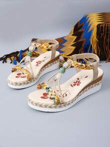 女士时尚圆头串珠波西米亚风厚底坡跟凉鞋 - 米色 - 查看 3