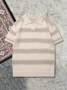 BLACKTOEXIT Men's Polo Shirt, Collared Short Sleeve Knitted Old Money American Style Striped Knit Top, Spring/Summer - Apricot - View 6