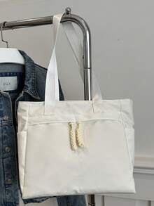 Bolsa de mão moderna em cor sólida, bolsa de ombro casual com contraste de cores, mochila para estudantes de literatura, adequada para mulheres e estudantes, pode ser usada para carregar livros, fazer compras, ir à escola, etc. - Branco - Ver 7