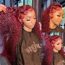 NARNI 30 Inch 99j Burgundy Lace Front Wigs Human Hair 13x4 Deep Wave HD Lace Front Wigs Pre Plucked With Baby Hair 250 Density Glueless Wet And Wavy Red Wine Colored Wigs Human Hair For Women 100% Brazilian Virgin Curly Lace Frontal Wigs - S99J - 查看 7