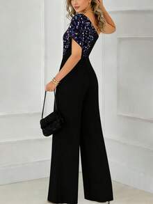Valentine Outfits For Women Valentine's Day Shimmering Fabric Elegant Party Holiday Outfit Off-Shoulder Asymmetric Hem Jumpsuit - Black - View 6