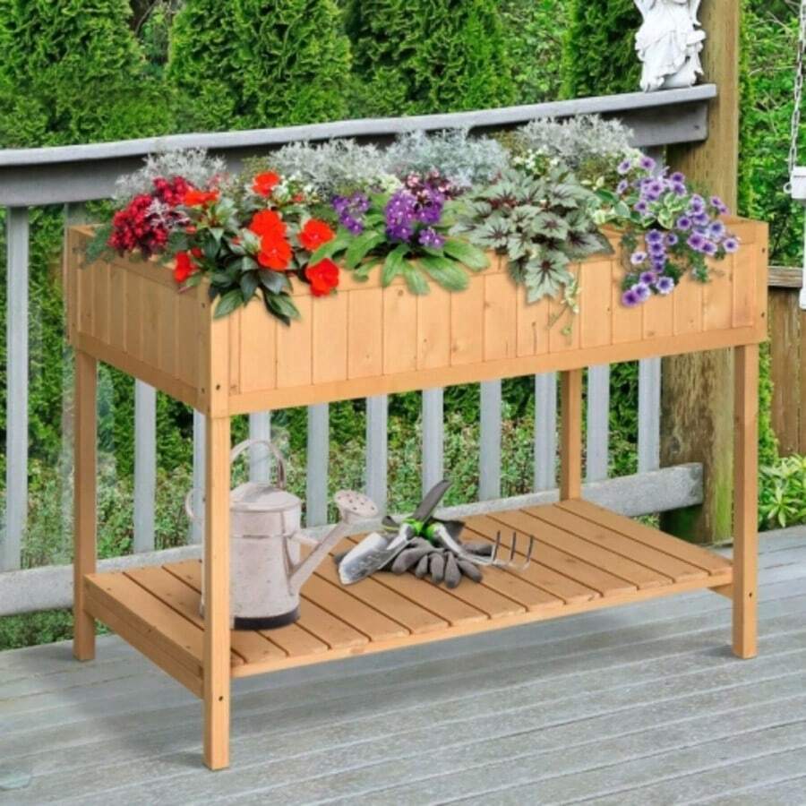 Raised Flower Box Planter With 8 Compartments And Gutters, Made Of Solid Natural Fir Wood, 110 X 46 X 76 Cm