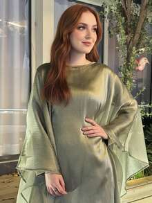 Elegant Shiny Starry Sky Abaya Dress With Matching Waist Belt, Modest Round Neck Casual Robe For Gatherings - Green - View 2