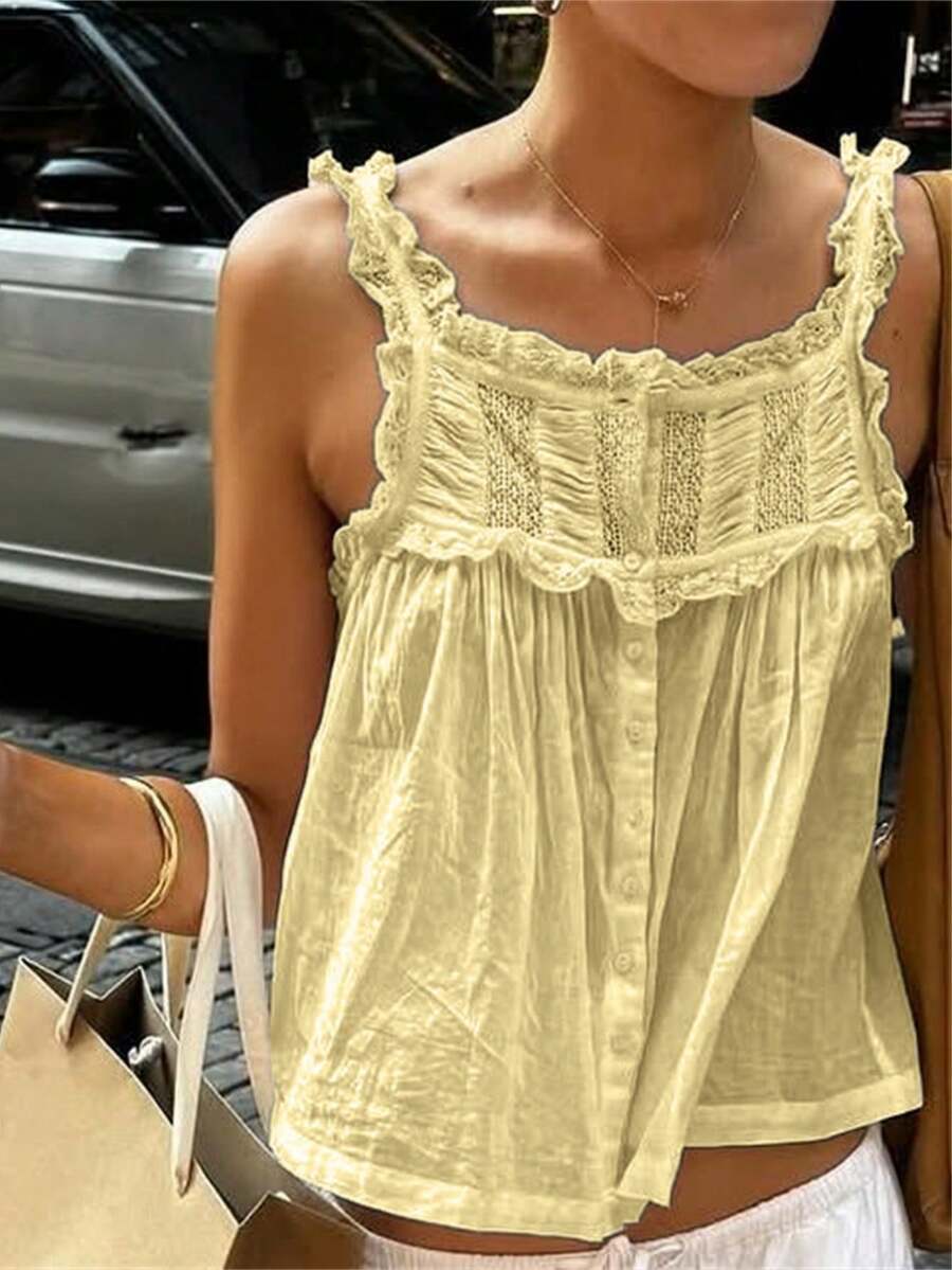 Women's Boho Lace Cami Tops Y2k Cute Vest Sleeveless Button Down Cardigan Crop Top Vacation Beach Tank Top Summer Buttons Sleeveless Shirt Basic Vest Aesthetic Clothes For Streetwear - 黃色 - 查看 1